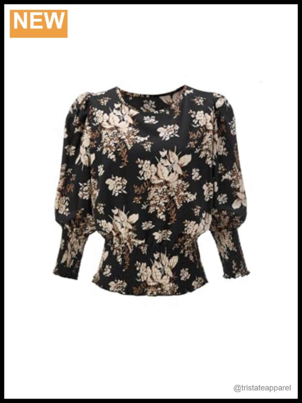 Women's Vintage Floral Print Puff 3/4 Sleeve Boho Crew Neck Blouse